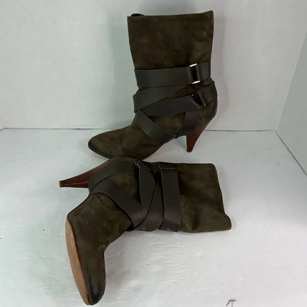 Mea Shadow Cassandra Suede Leather Harness Strap Kitten Heel Green Bootie Sz 8M